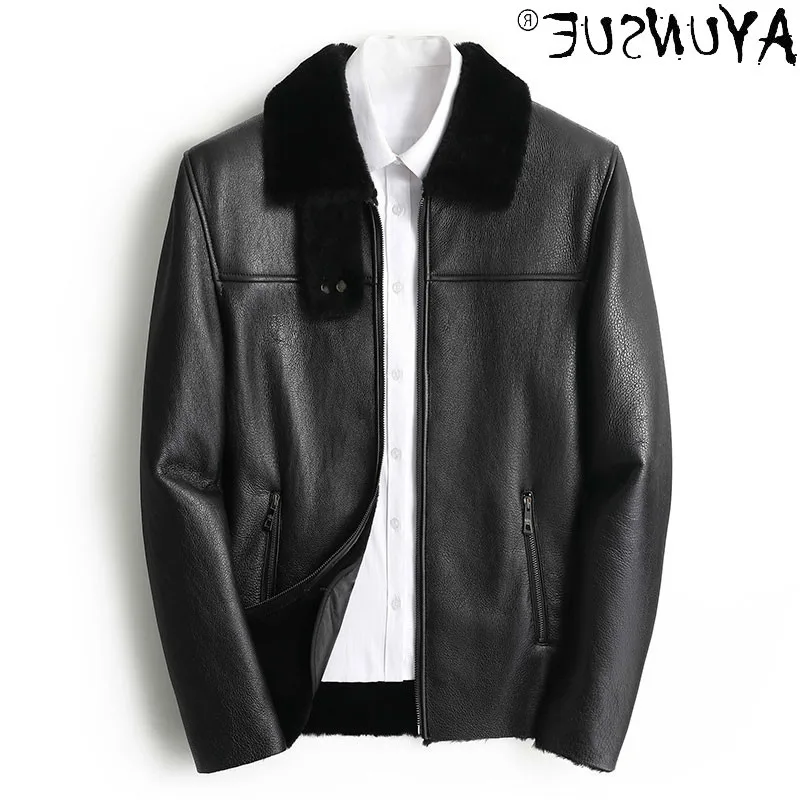 

Sheepskin Leather Genuine Jacket Men 100% Wool Men's Clothing Motorcycle Fur Coat Thick Clothes Chaqueta Hombre LXR726