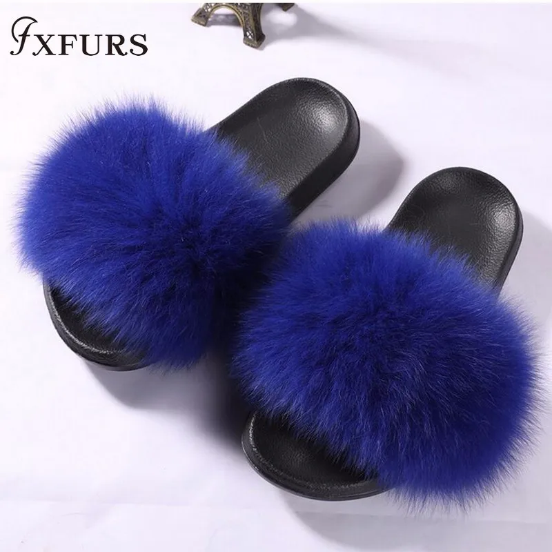 FXFURS/Новинка года; женские натуральный мех лисы шлепанцы; летние модные меховые сандалии; пляжные сандалии; пушистые удобные меховые вьетнамки