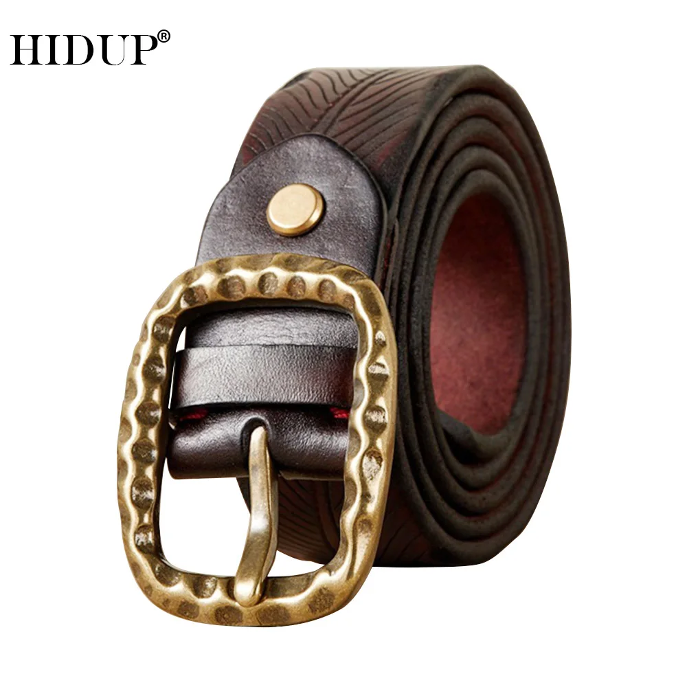 HIDUP Unique Design Retro Style Cow Skin Leather Belt Brass Buckle Handmake Pure Solid Cowhide Belts Jeans Accessories NWJ1086