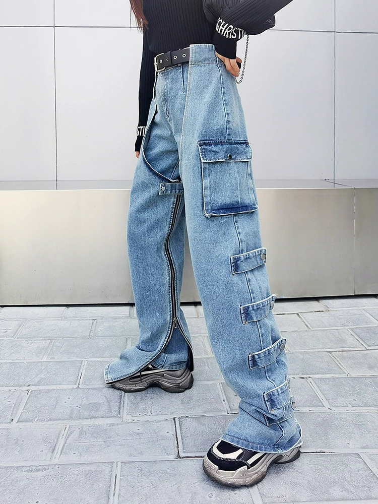 

Autumn and winter new zipper pocket belt jeans women's versatile take off real two piece casual