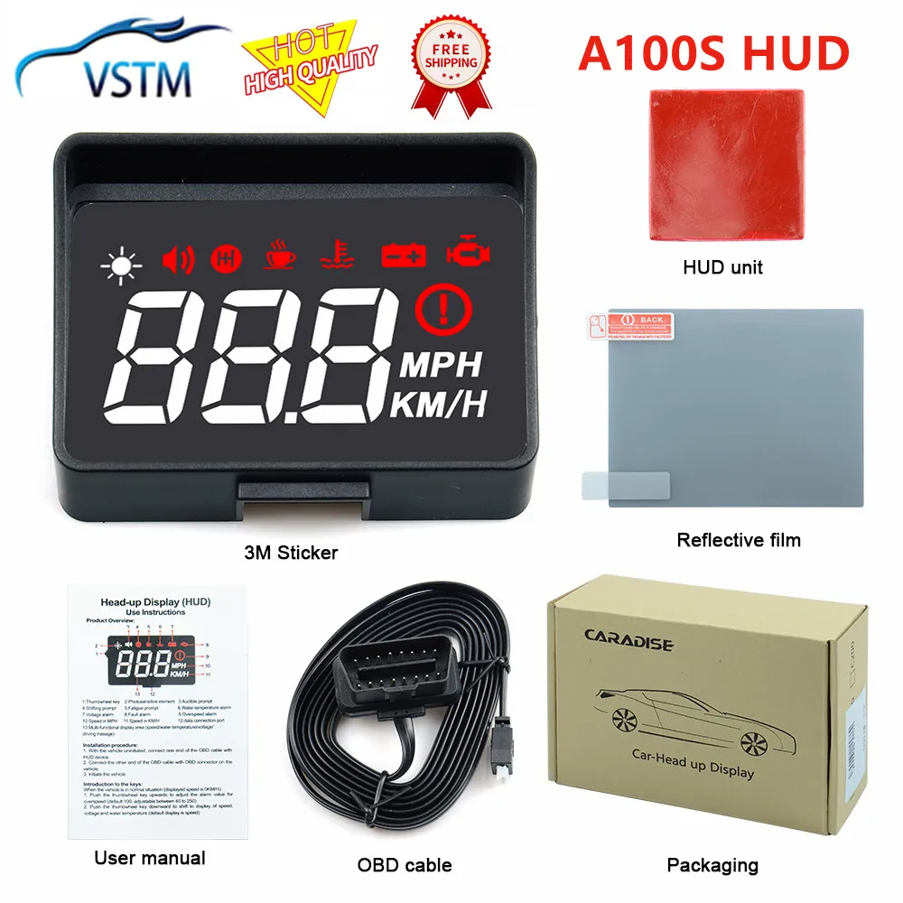 Автомобильный HUD Дисплей A100S OBD2 EUOBD Предупреждение о превышении скорости