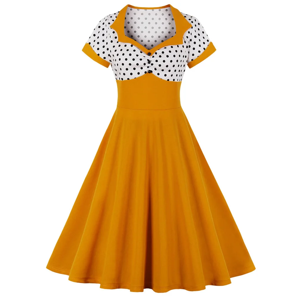 Женское винтажное летнее платье высокая талия короткий рукав узор в горошек