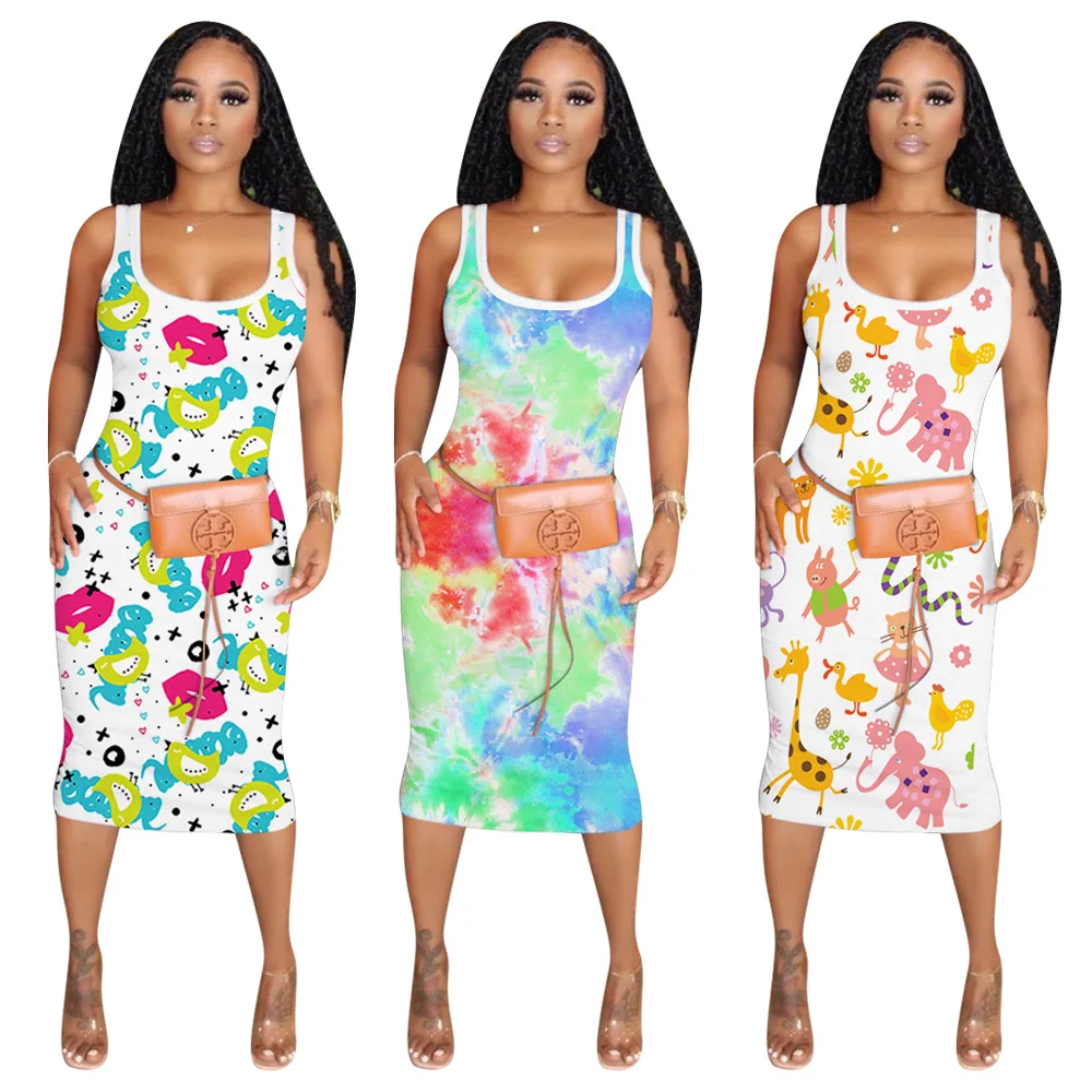 

Adogirl 2020 Women Summer Dress Tie Dye Lips Cartoon Print Dress Casual Sleeveless Bodycon Tank Tee Dress Pencil Dress Vestido
