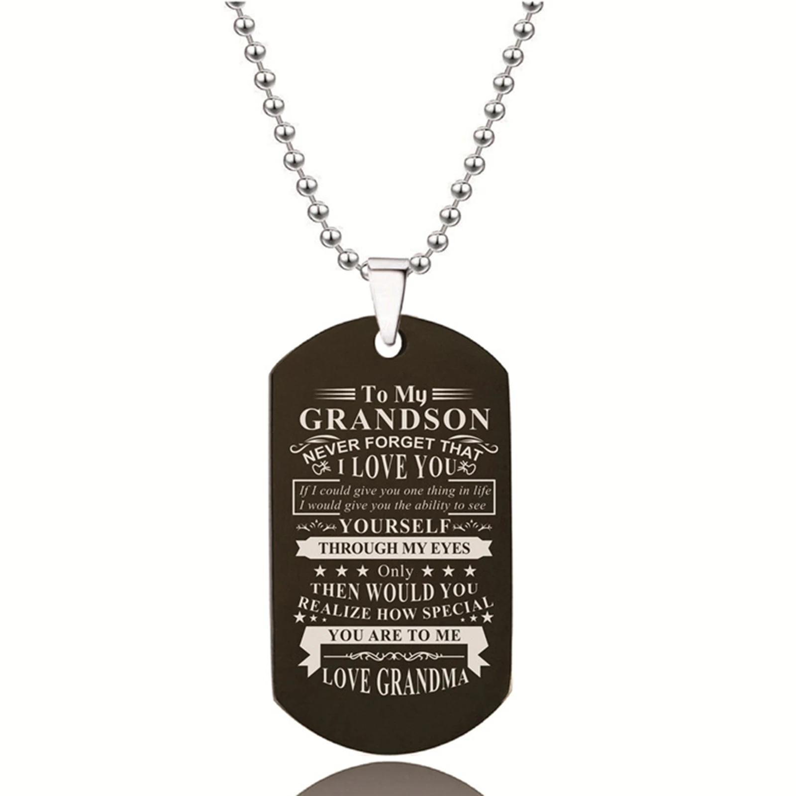 

Silver Stainless Steel Ball Chain Necklace Black Envelope Pendant Engraved Words"To Grandson" New Personalized Present 60cm-1pc