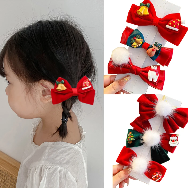 

3 шт./компл. рождественские заколки для волос для девочек Шпилька-бант милые заколки для волос рождественские красные заколки для конского х...