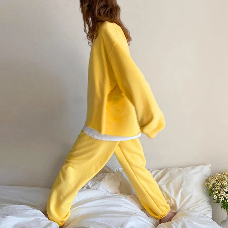 

Casual Solid Colour 2 Piece Set Women Batwing Long Sleeve Pullover Sweatshirt Elastic Waist Full Length Straight Pants Set Lady