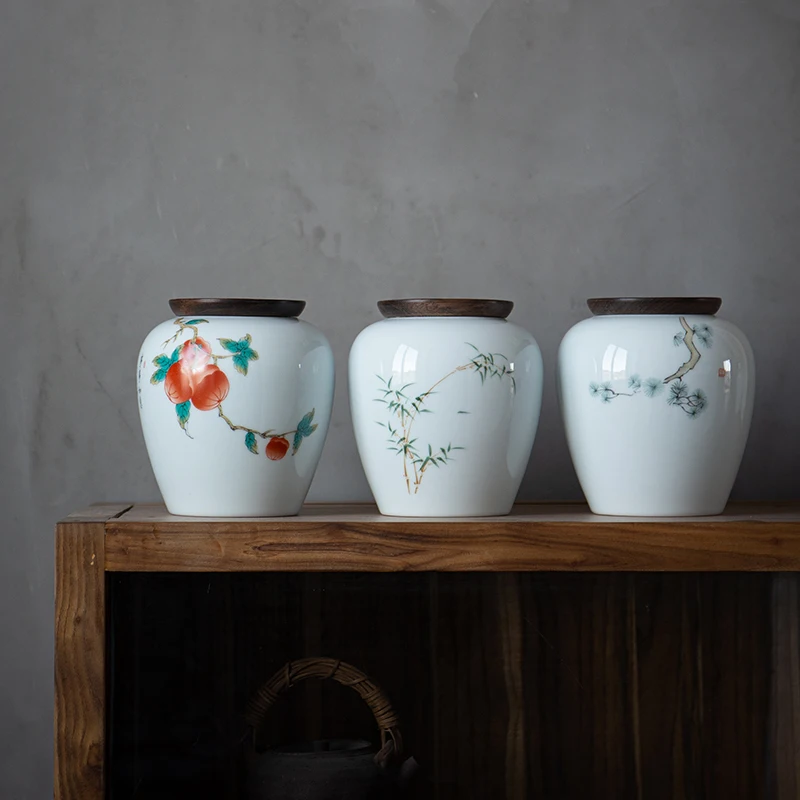 

Керамический чайный горшок с деревянной крышкой Celadon Pu'er, белый чай, большой половина Цзинь, герметичная чайная банка, винтажная банка для хр...