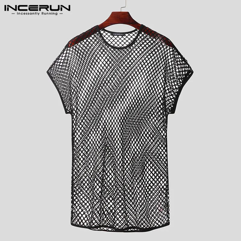 

Man Punk Style Camiseta Streetwear INCERUN Men Mesh T Shirts Short Sleeve Round Neck Loose T-Shirts Fashion See Through Tops 5XL