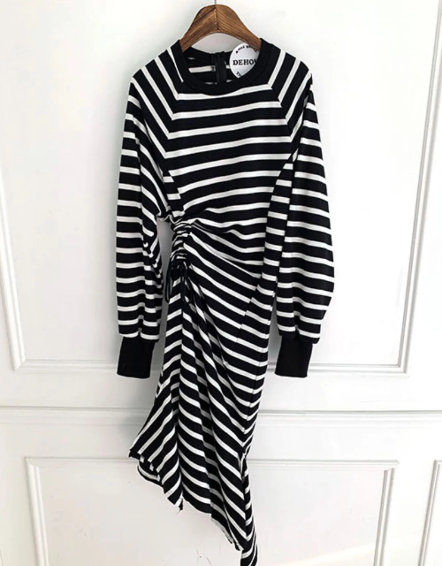 RUGOD Новое Осеннее длинное платье ropa mujer с круглым вырезом, в полоску, на шнуровке, тонкое асимметричное платье, модное женское Повседневное платье в Корейском стиле