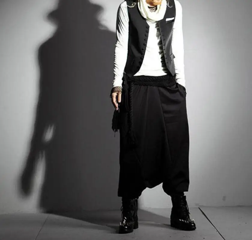 

Men punk hip hop harem pants with rope belt drop crotch baggy trousers gothic style nightclub singer stage joggers streetwear