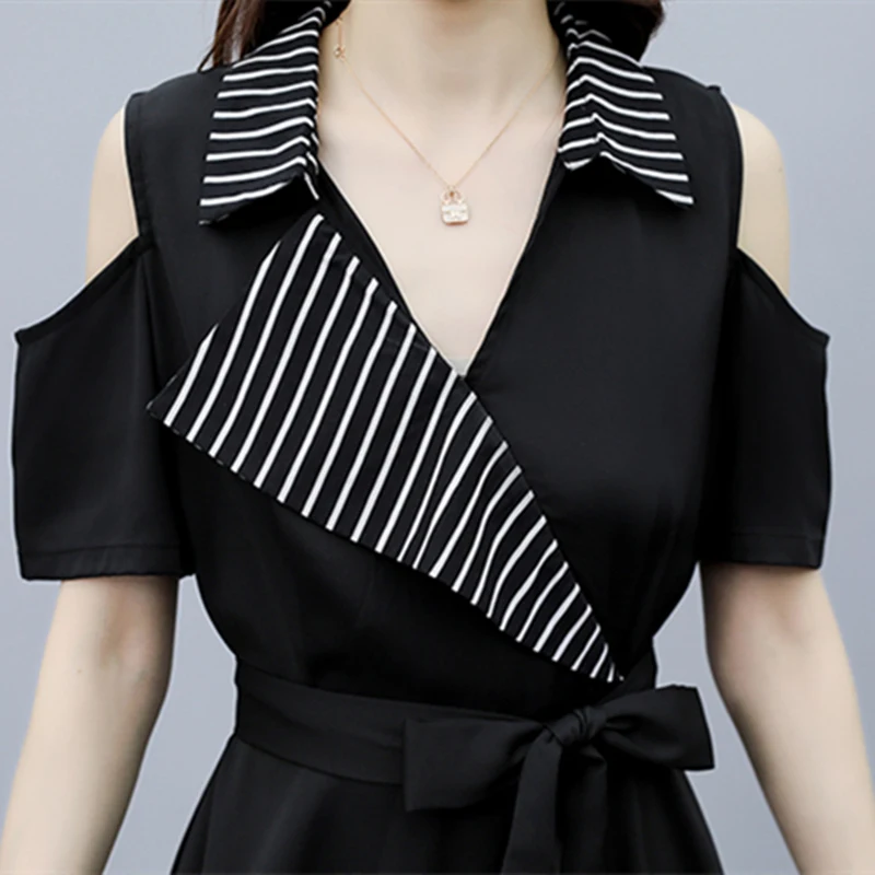 

L-5XL Stripe Irregular Splicing Oversized Dresses Off The Shoulder Plus Size Dress 2021 Summer Lace-Up Thin Waist Women Clothes