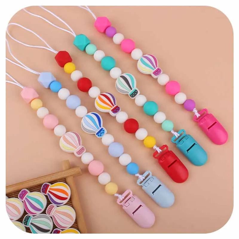 Kissteether-mordedores de silicona de grado alimenticio, conjunto de 2 unids/set de globos de aire caliente, pulsera y chupete de dentici&oacute;n, Clips de cadena-3