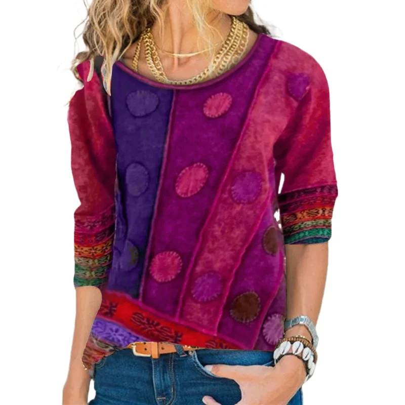 

Pullover 2021 new women's blouse loose long-sleeved T-shirt retro ethnic style bottoming jacket plus size printing streetwear