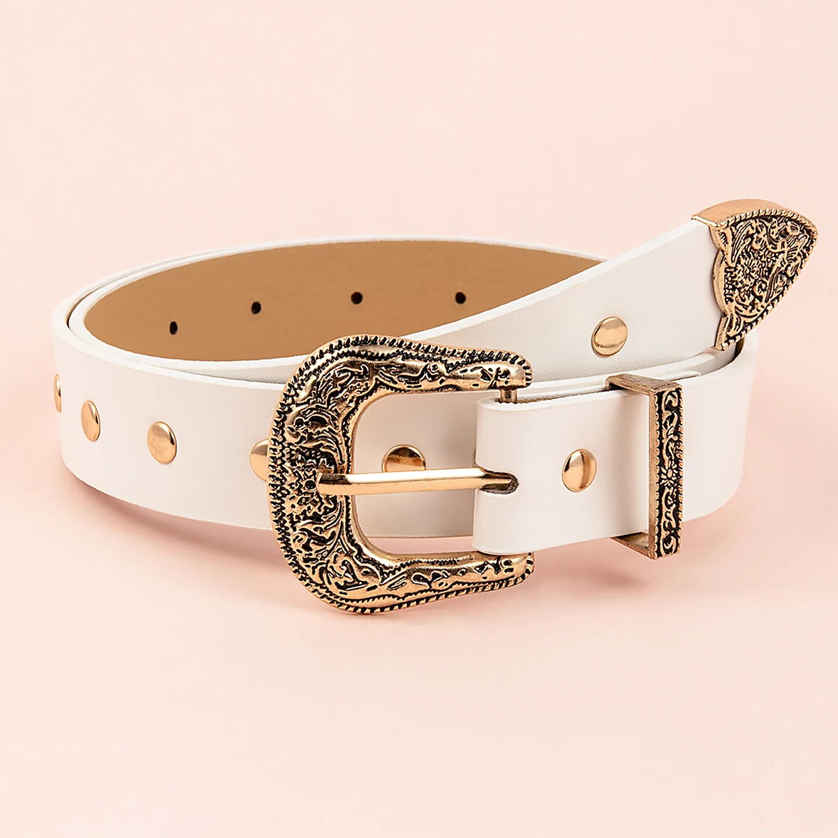 

Women Carved Alloy Metal Wide Buckle Belt Retro PU Waistband Office Ladies White Belts