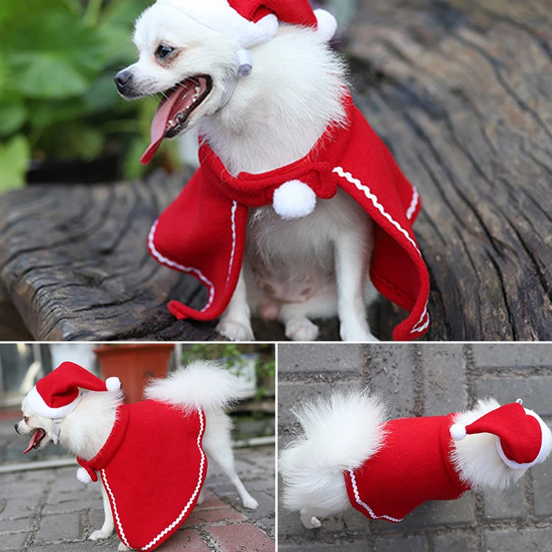 

Christmas Cat Puppy Santa Hat Cloak Pet Cosplay Costume Xmas Kitten Red Caps Clothing Clothes Funny Party Dog Mantle Dress Up