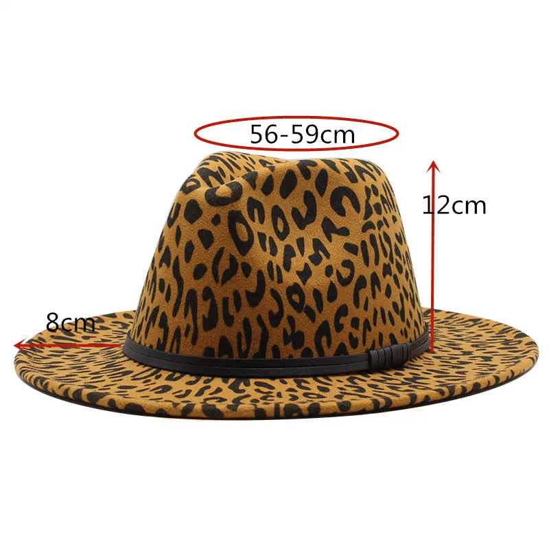 Seioum  Winter Classic Hats For Men Large Size Wide Brim Tophat Fedora Sombrero Elegant Women Church Hats Leopard print Wool Cap