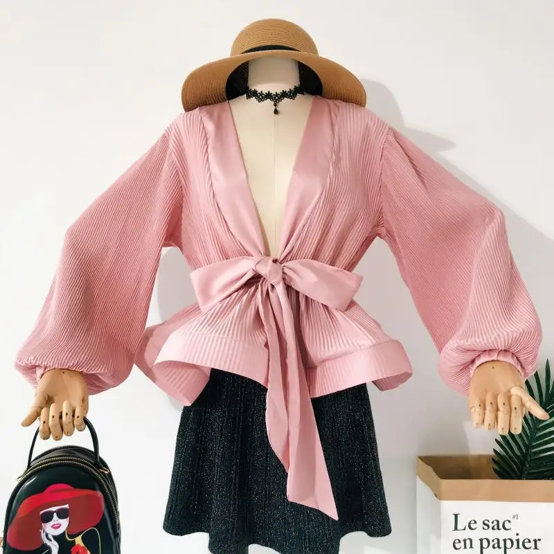 

HISUMA Spring Autumn Women Deep V-Neck Puff Sleeve Ruffles Shirt Lady Lace Up Bandage Slim High Waist Sexy Chiffon Blouse Tops