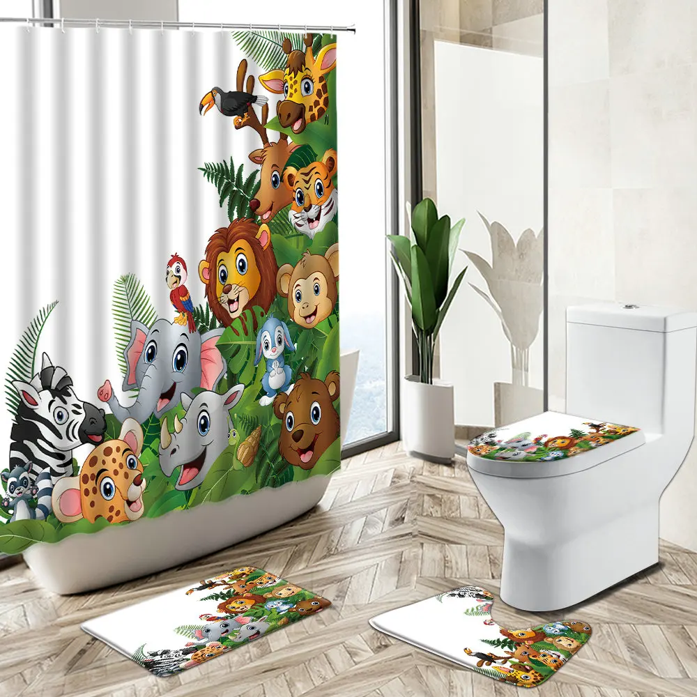 

Cartoon Jungle Animal Shower Curtain Child Bathroom Elephant Tiger Giraffe Parrot Non-Slip Rug Toilet Lid Cover Floor Mat Set