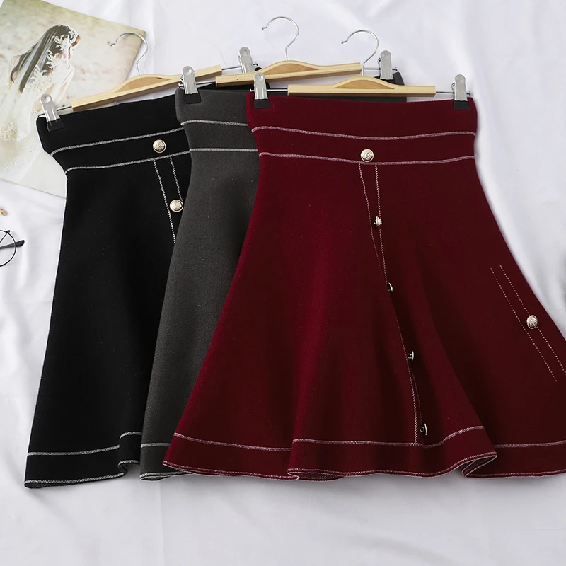 Зимние вязаные юбки а силуэта женские с высокой талией на пуговицах Модные