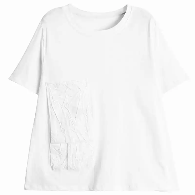 

IEQJ Women T-shirt New Round Neck Solid Color Short Sleeve Patchwork Pocket Pleated Fashion Red Loose Top Summer 2021 8P617