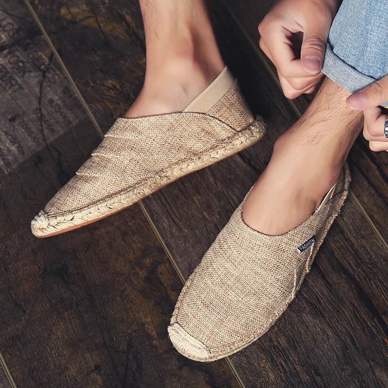 Мужская парусиновая обувь летние дышащие модные повседневные лоферы на плоской