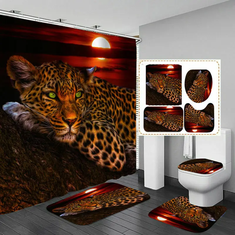 180x180cm 1Pc/3Pcs Moon Leopard Flower Leopard Cheetah w/12 Hooks Bathroom Shower Curtain Toilet Mat Lid Rug Curtain Sets