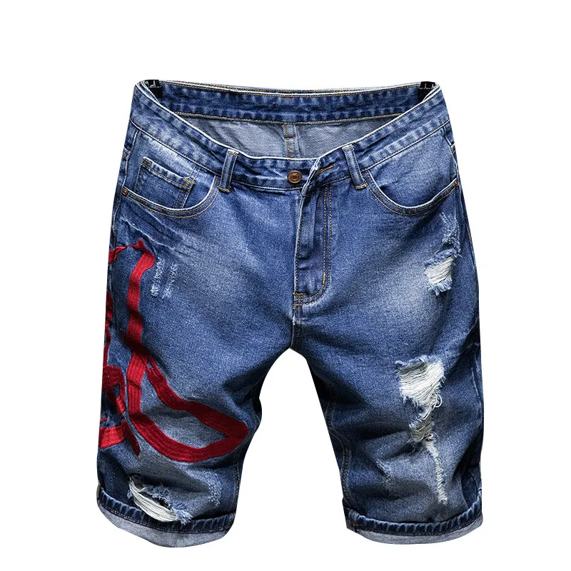 

New Men's male fashion casual Chinese embroidered ripped shorts Summer holes ripped knee length straight denim jeans