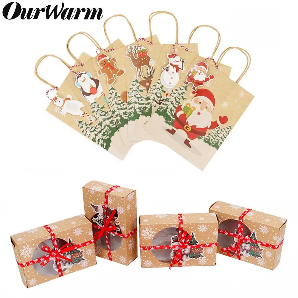 

OurWarm 12pcs Kraft Paper Christmas Gift Box Candy Bags Christmas Party Supplies Packing Gift Box New Year Gift Bags 2019