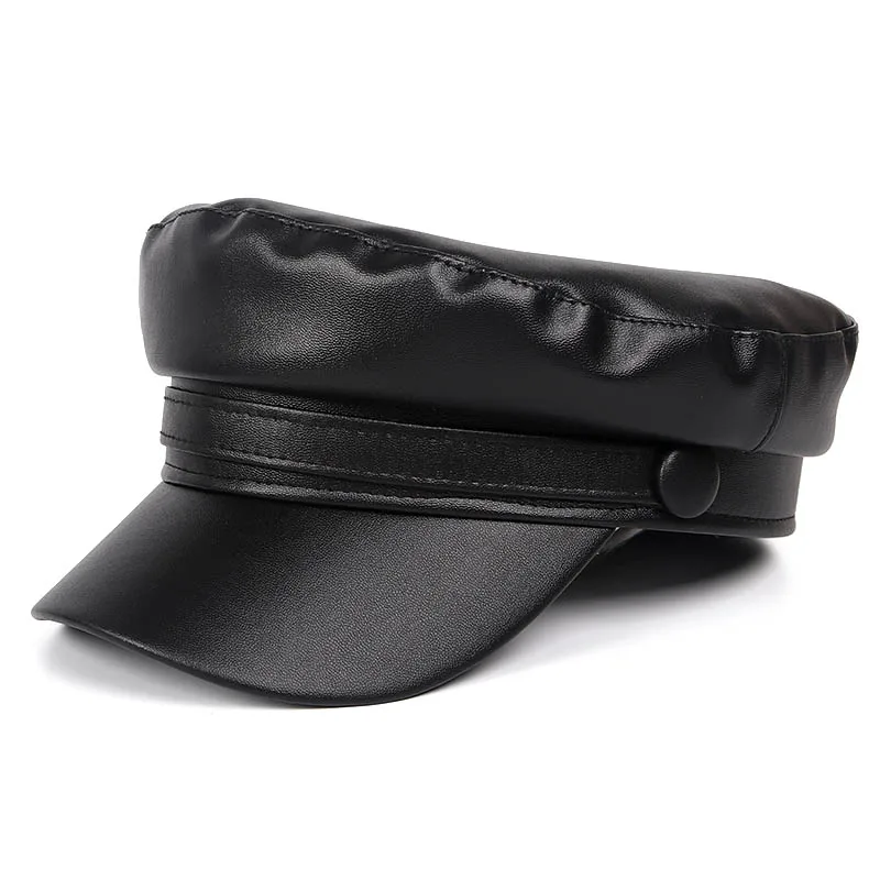 Осень 2020 военная шляпа женская модная кожаная плоская кепка черная Мода Casquette Femme
