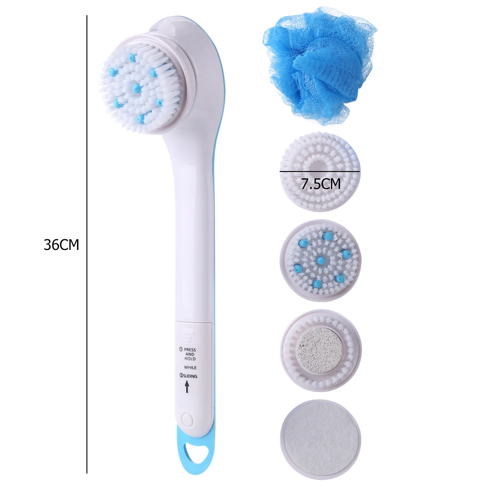 

5 in 1 Electric Shower Brush Kit with Long Handle Battery Powered SPA Body Cleaning Exfoliating Massager Scrubber Bathbrushes