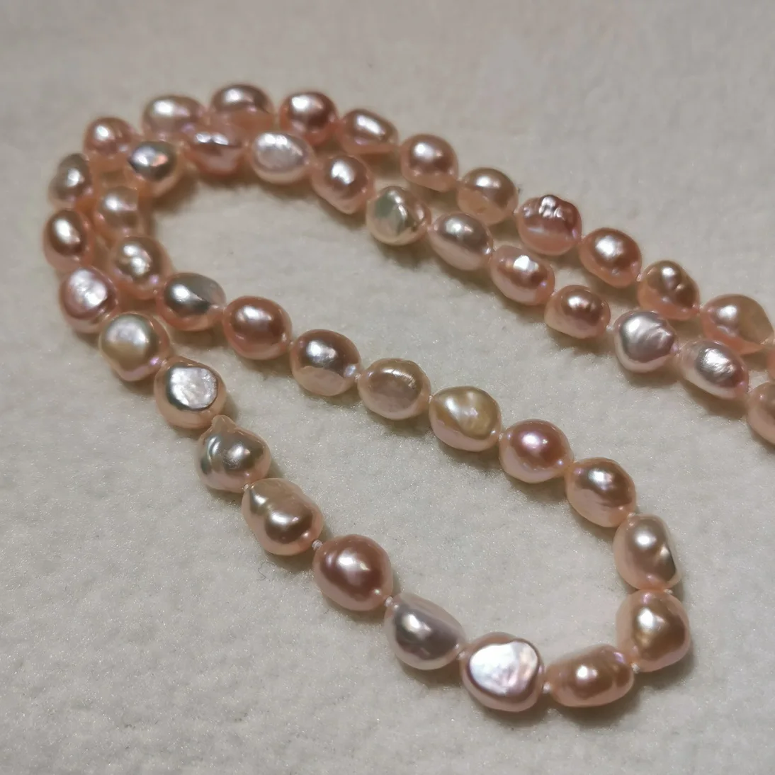 

super bright skin light natural colorless Aurora fresh water Baroque shaped pearl necklace Orange Rose Pearl 14K