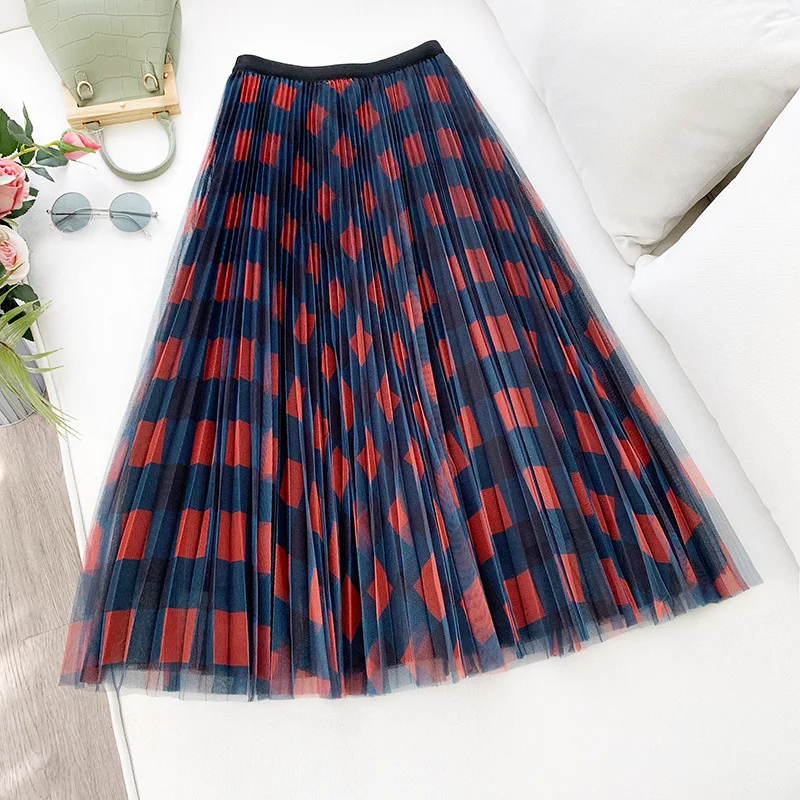 

Long Plaid Tutu Tulle Skirt Women Fashion 2020 New Spring Autumn Elegant A Line High Waist Pleated Maxi Skirt Female Ladies