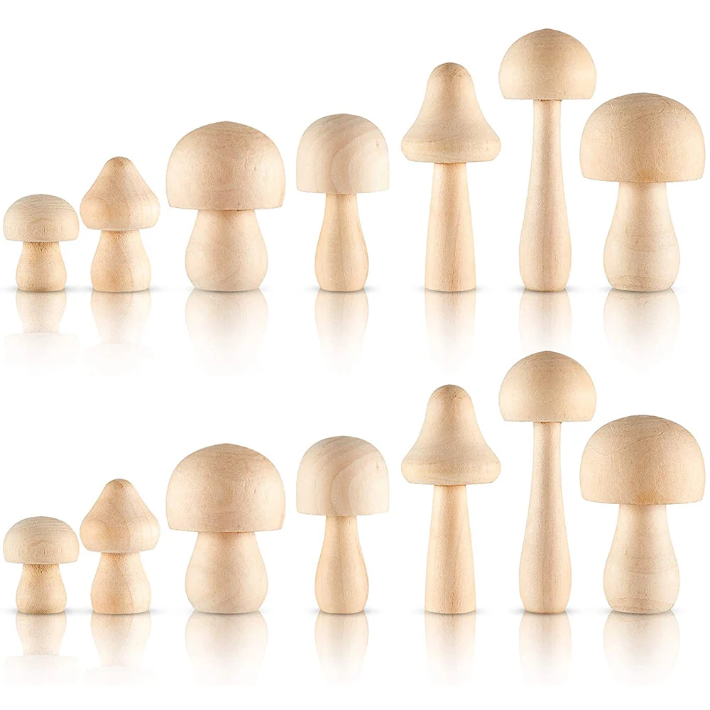 

14 Pieces Mini Wooden Mushrooms for Home Decor, Unfinished Wood Peg Dolls for Crafts, 7 Sizes