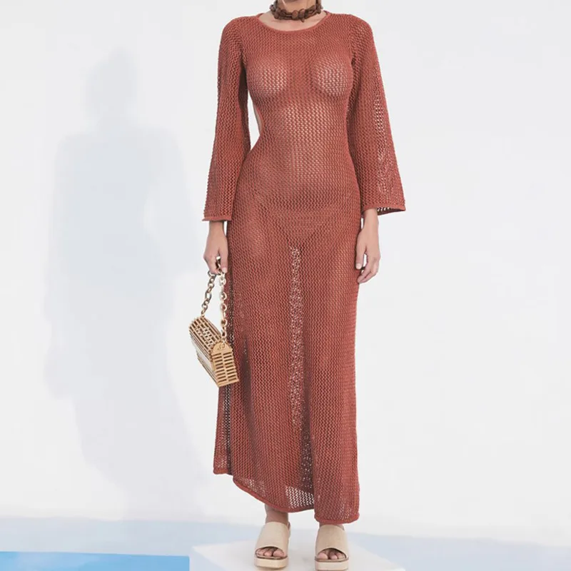 

Женское Сетчатое трикотажное платье, элегантное винтажное Прозрачное платье Вечерние открытой спиной и длинным рукавом, лето 2021