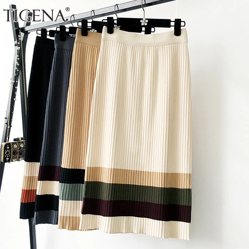 TIGENA Striped Knitted Cotton Skirt Women Fashion 2019 Fall Winter Korean Split High Waist Pleated Midi Long Female |