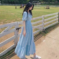 super long dress womens ankle elegant long skirt fairy 2021 early summer sweet french blue print v neck floral