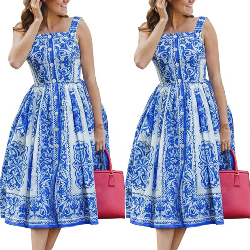 

VICABO Printed Women Dresses Single-breasted Sleeveless Causal Bule robe Square Collar Mid-Calf Length Slim Waist Women Dress