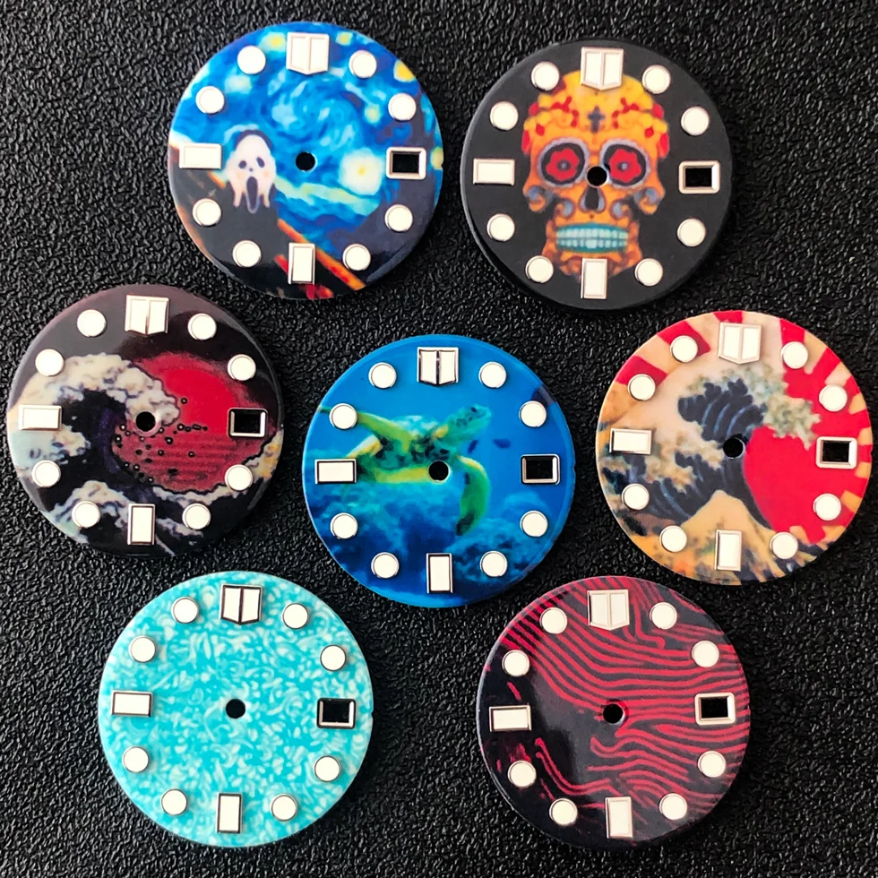 

Круглый циферблат из нержавеющей стали, эмалированный циферблат 28,5 мм, модифицированный циферблат SKX007 без логотипа с зеленой подсветкой, п...