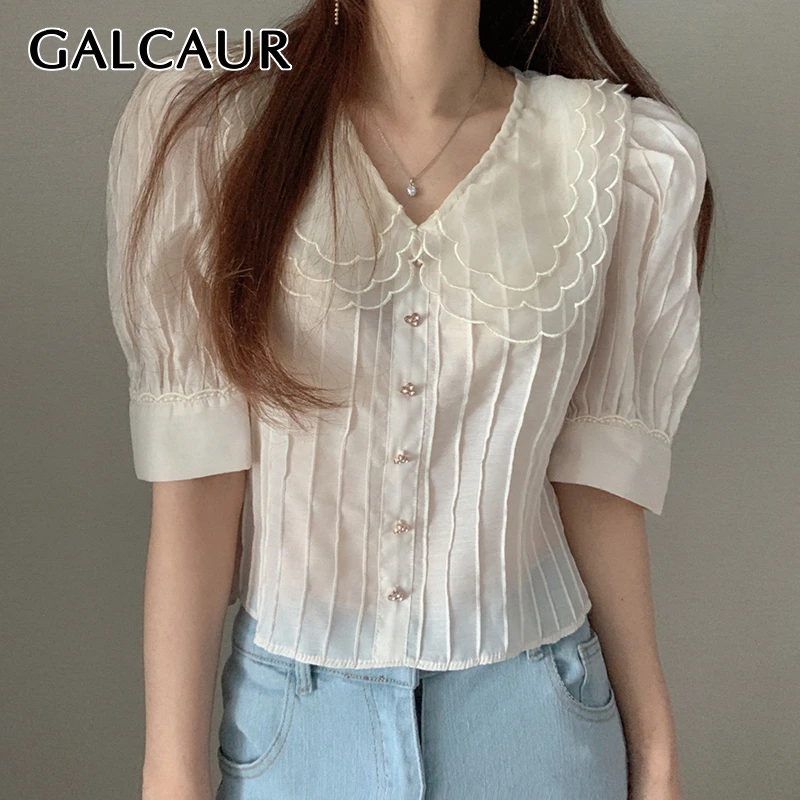 GALCAUR Korean Patchwork Ruffle Shirt For Woman Peter Pan Collar Puff Sleeve Oversize Loose Short Blouse Female Summer New 2020 | Женская