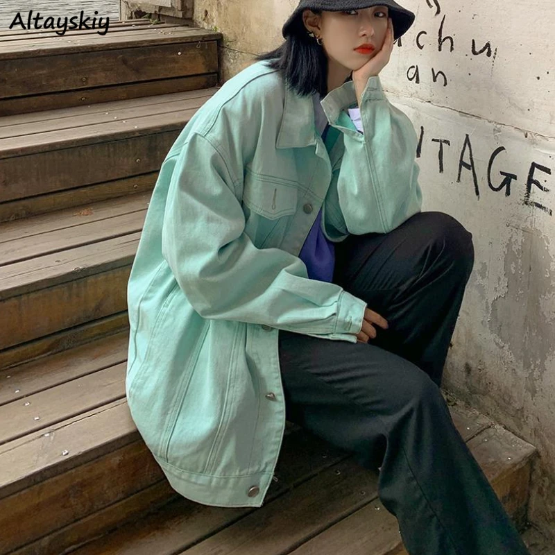 

Women Denim Jackets Spring Preppy Long Oversize Baggy Candy Colors Coats Harajuku Student Ins Stylish All-match Street Jacket BF