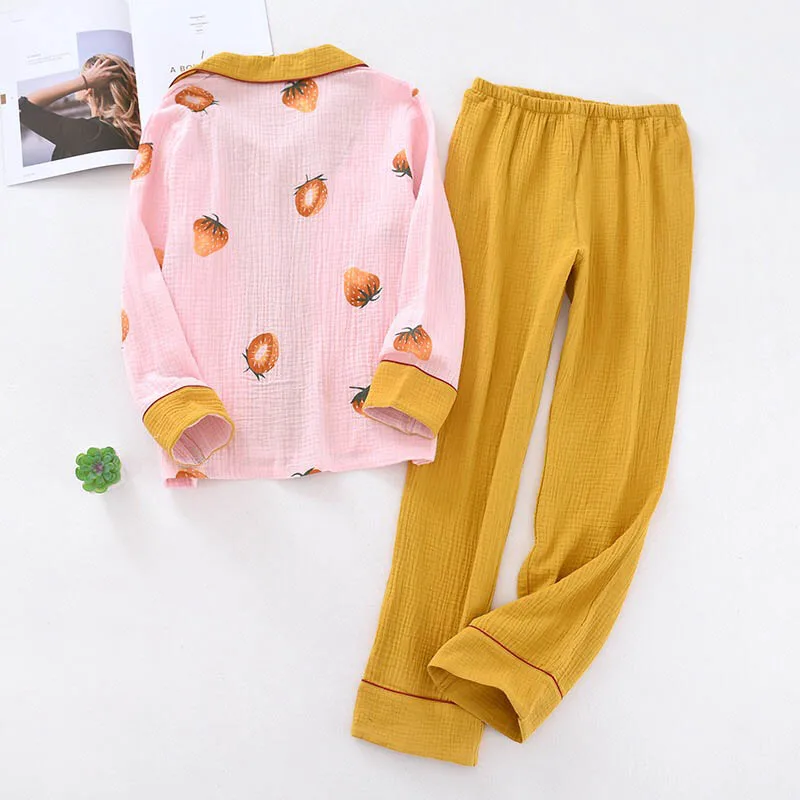 2020 Spring New Ladies Pajamas Set Sweet Strawberry Printed Women Turn-Down Collar Sleepwear Comfort Gauze Cotton Loose Homewear