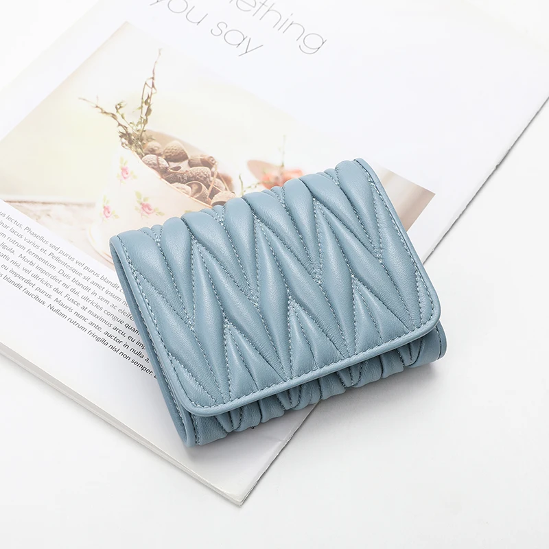 

San Maries Luxury Designer Wallet Women Genuine Leather Sheepskin Fashion Hasp Short Wallets And Purses Ruffles Lady Purse