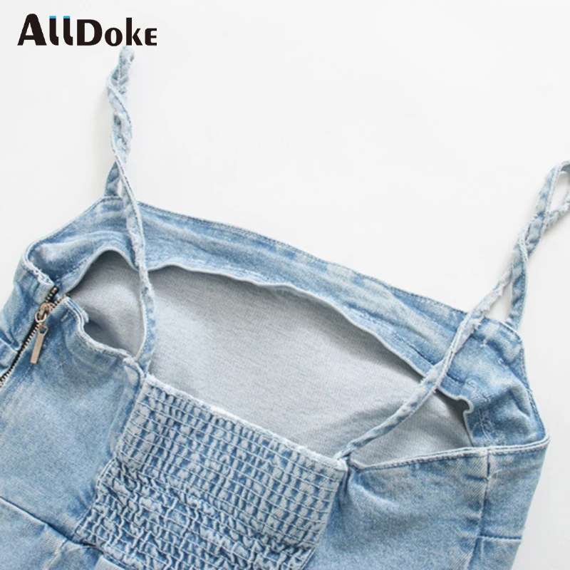 

ALLDOKE blue casual denim short dress women high waist strap sleeveless sexy backless jeans ladies straight dresses vestidos