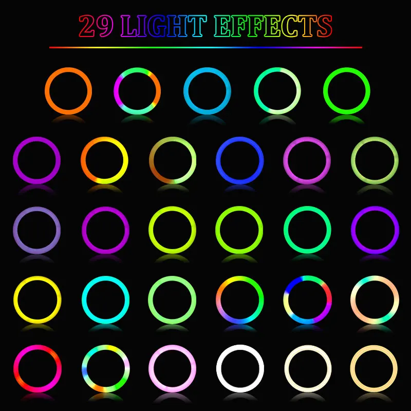 29 Цветовая радужная кольцевая светильник LED с USB-портом, регулируемый режим, круглая форма RGB для селфи, видеозаписи в прямом эфире.