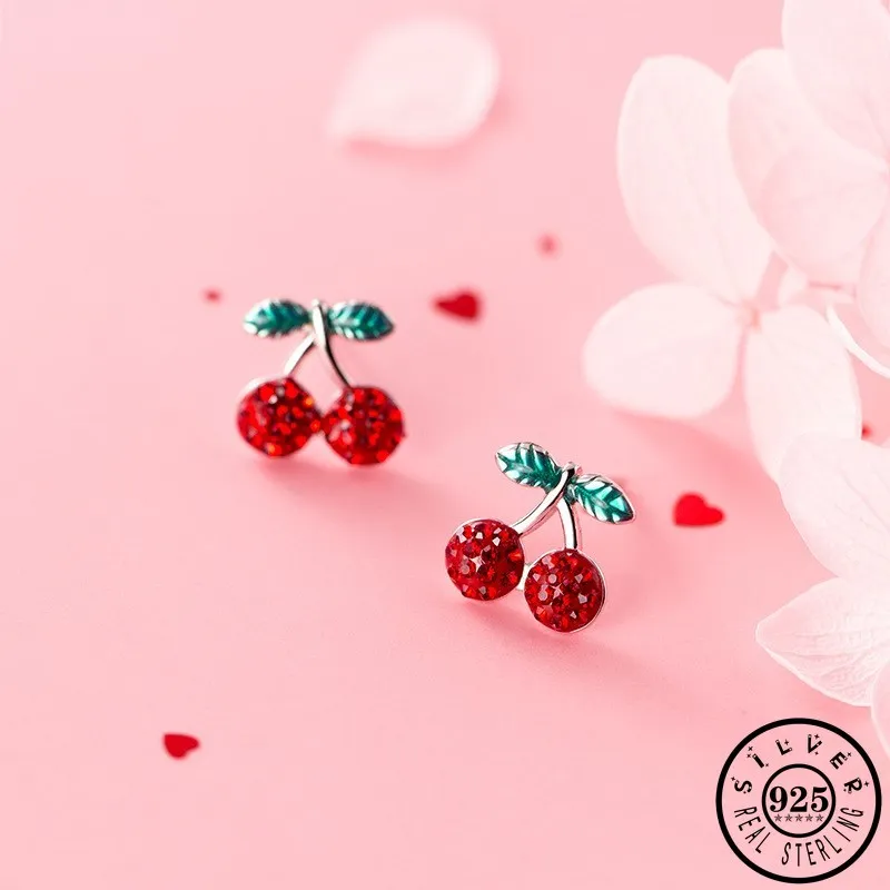 

925 Sterling Silver Sweet Cherry Shape with Red Cubic Zirconia Stone Korean Ear Studs Earrings Fine Jewelry for Women Girls