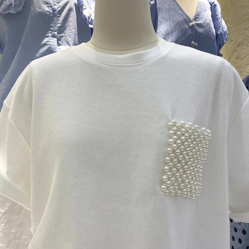 Однотонная летняя Корейская женская футболка 2022 топы с жемчужинами и карманами