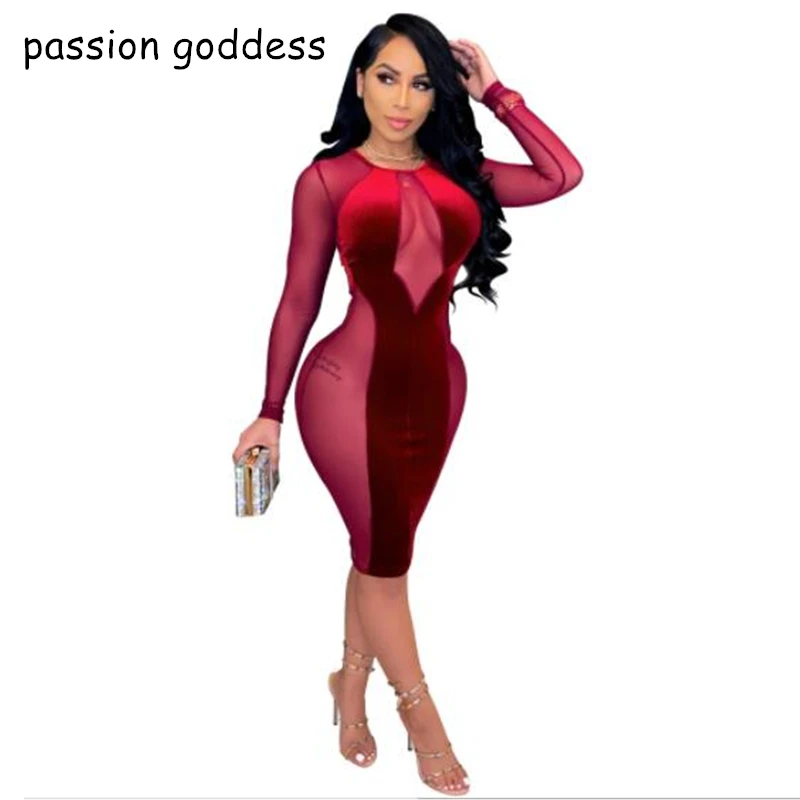 

New Arrival Bodycon Sexy Mesh See Through Perspective Dress 2021 Sexy Club Outfits for Women Evening Party Clubwear Velvet Dress