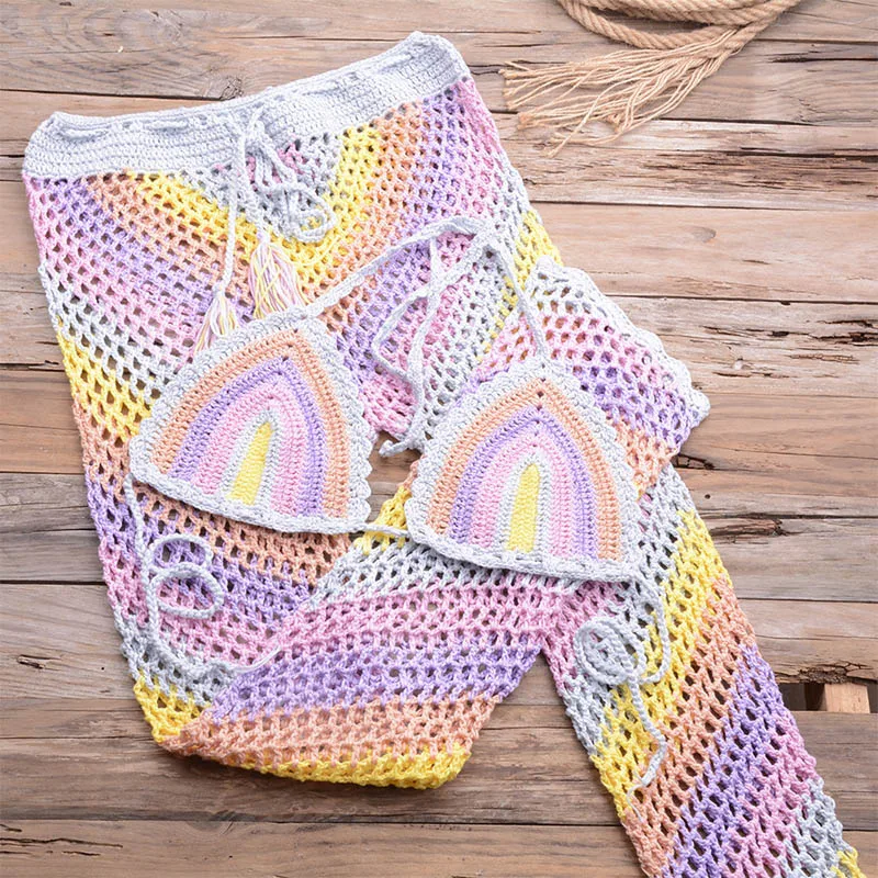 

Aproms Elegant Colorful Cotton Blend Crochet 2 Piece Set Women 2021 Summer Festival Stretch Top and Pants Beach Outfit Coverup