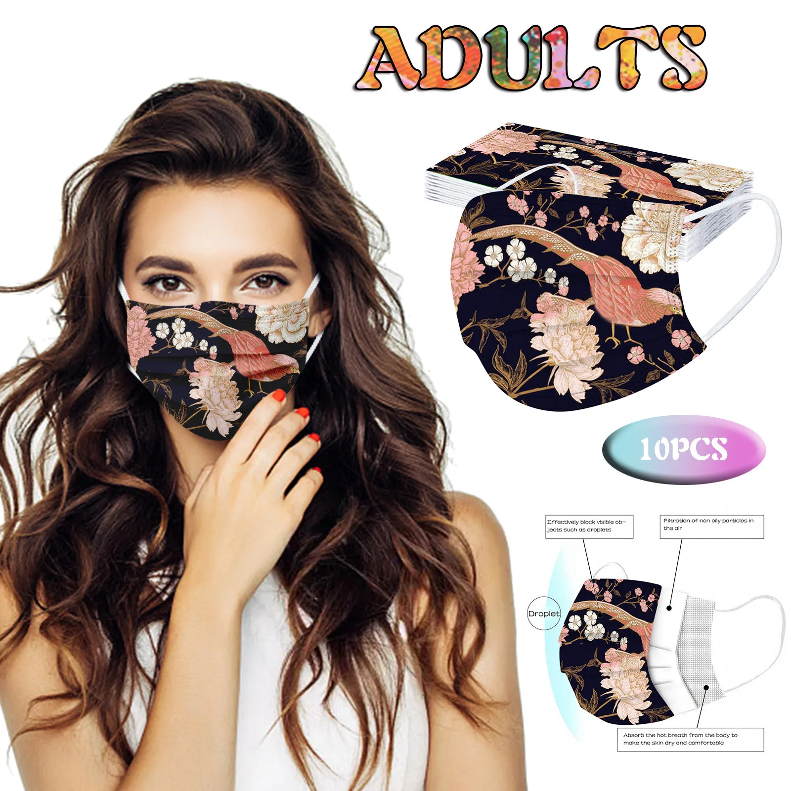 

Маска для взрослых, маска на Хэллоуин, костюм, одноразовая маска, 3-слойные защитные маски для лица, женская маска для лица с цветочным принто...