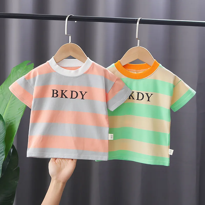 

2021 summer children's clothes suit baby striped short-sleeved casual shorts two-piece kids boys girls